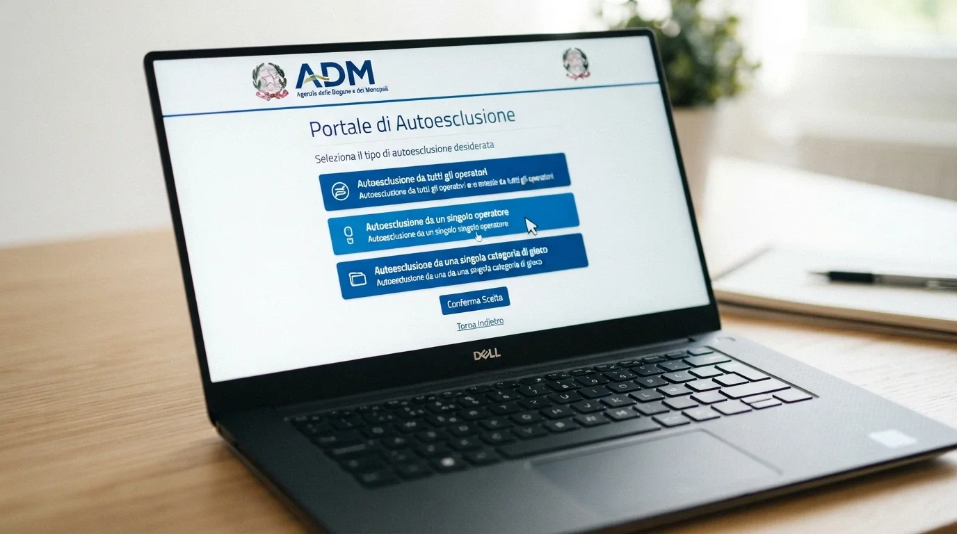 L'interfaccia del portale ADM per l'autoesclusione su uno schermo, con il cursore che seleziona una delle tre modalità disponibili
