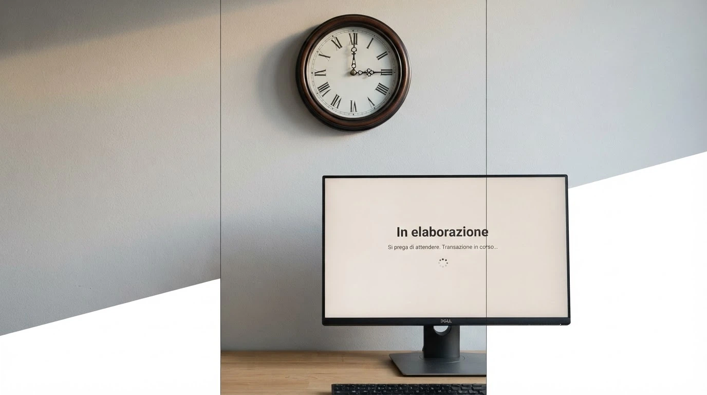 Un orologio da parete classico con le lancette ferme accanto allo schermo di un computer che mostra lo stato «in elaborazione» di un prelievo